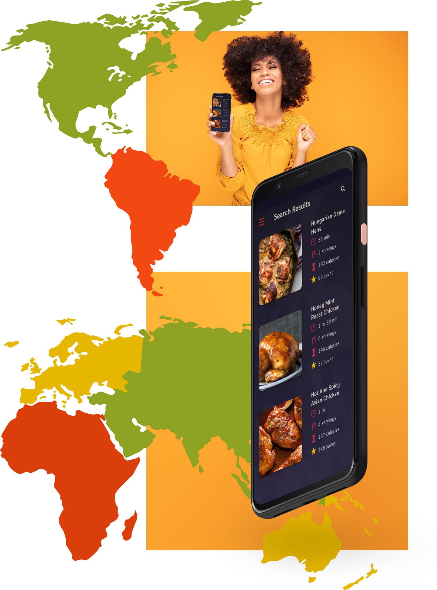 phone displaying search results for chicken, excited woman holding phone, orange backrgound, floating map continents