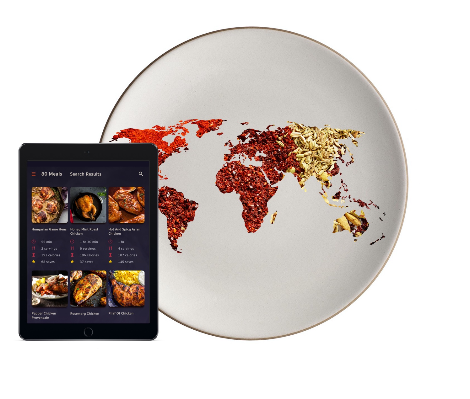tablet with search results in front of dinner plate with food map of the world
