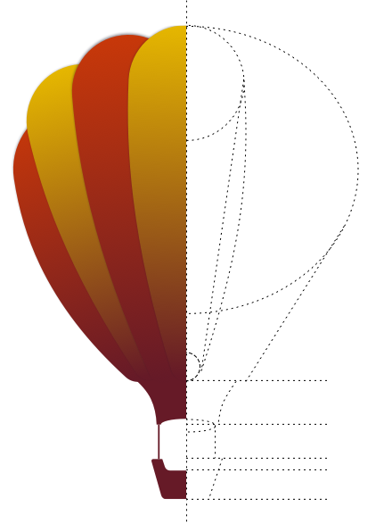 half and half finished logo and construction drawing of hot air balloon vector