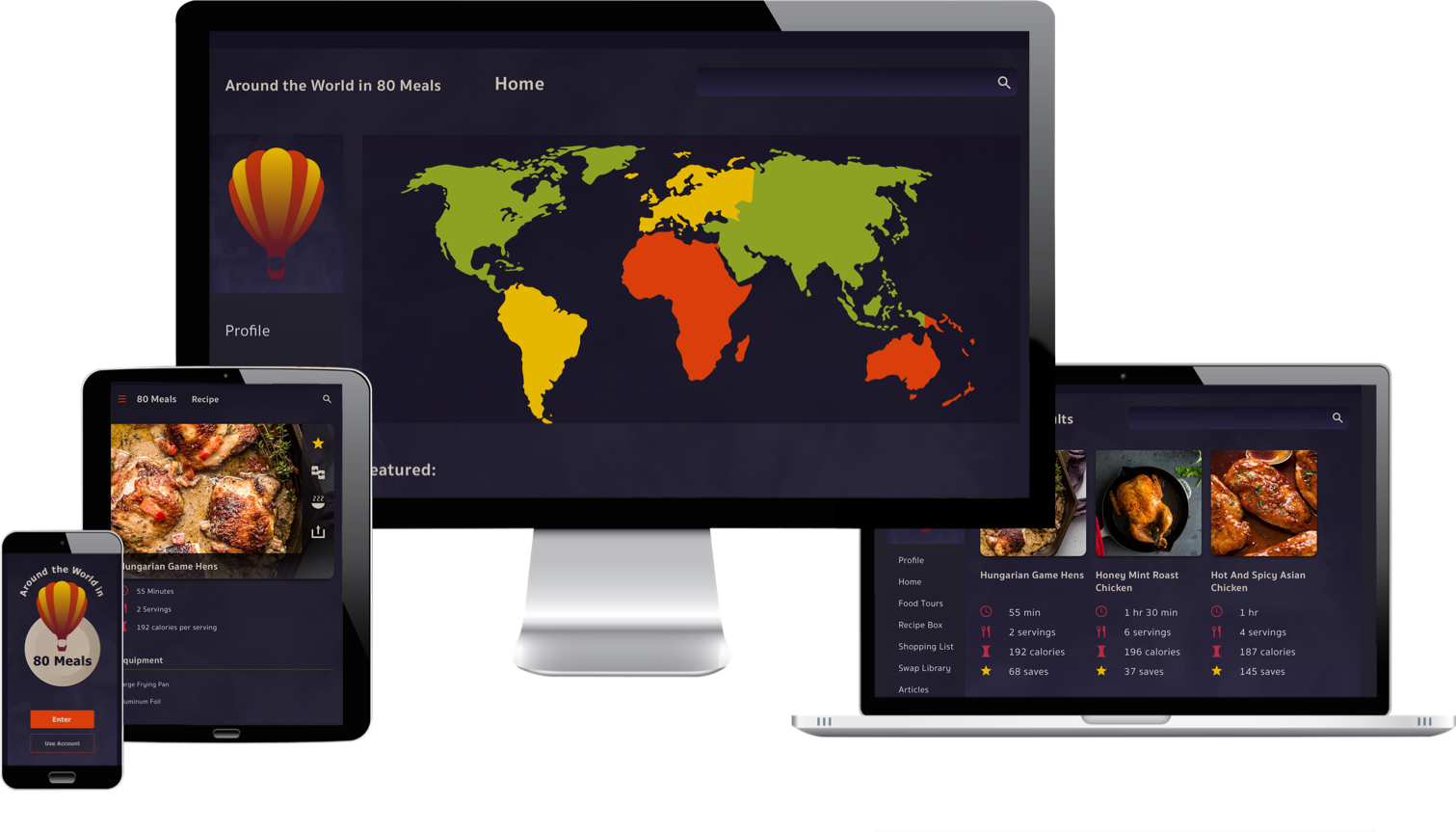 phone, tablet, desktop, and laptop displaying screens from the 80 Meals app
