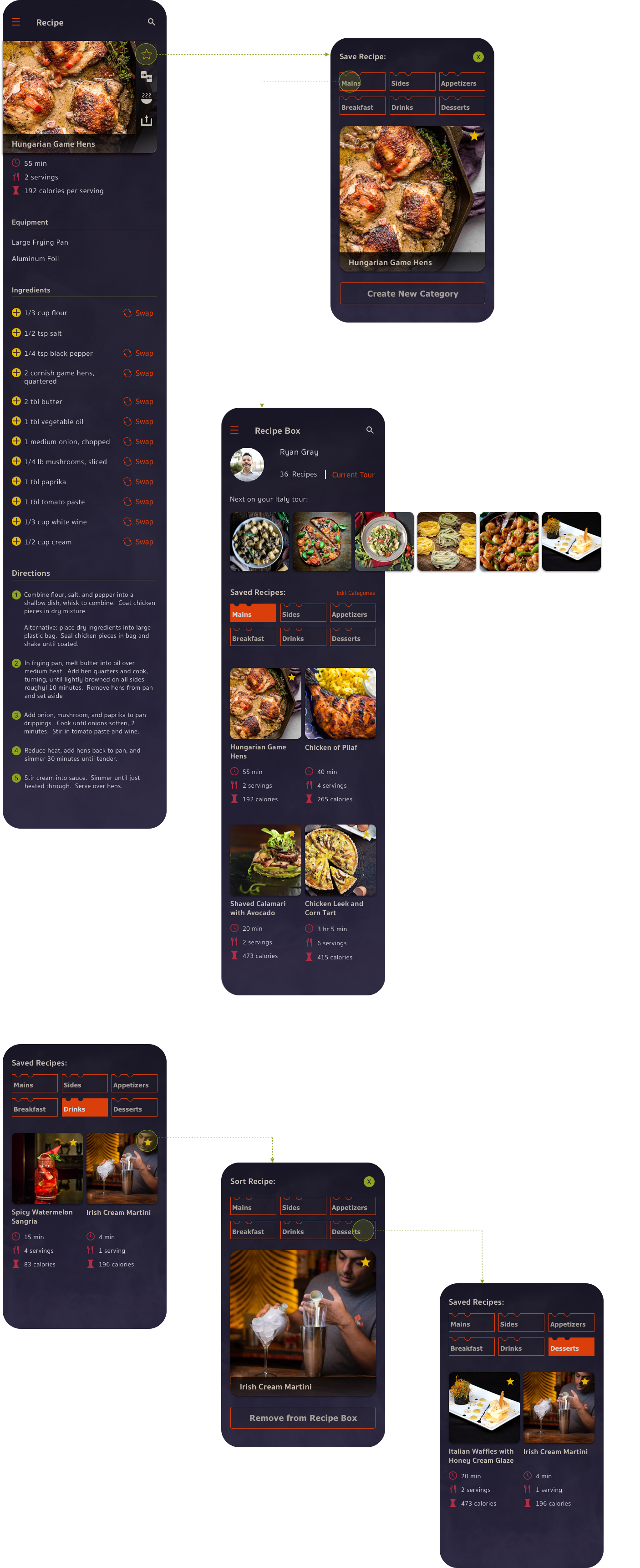 series of screen mockups of recipe box pages from 80 Meals