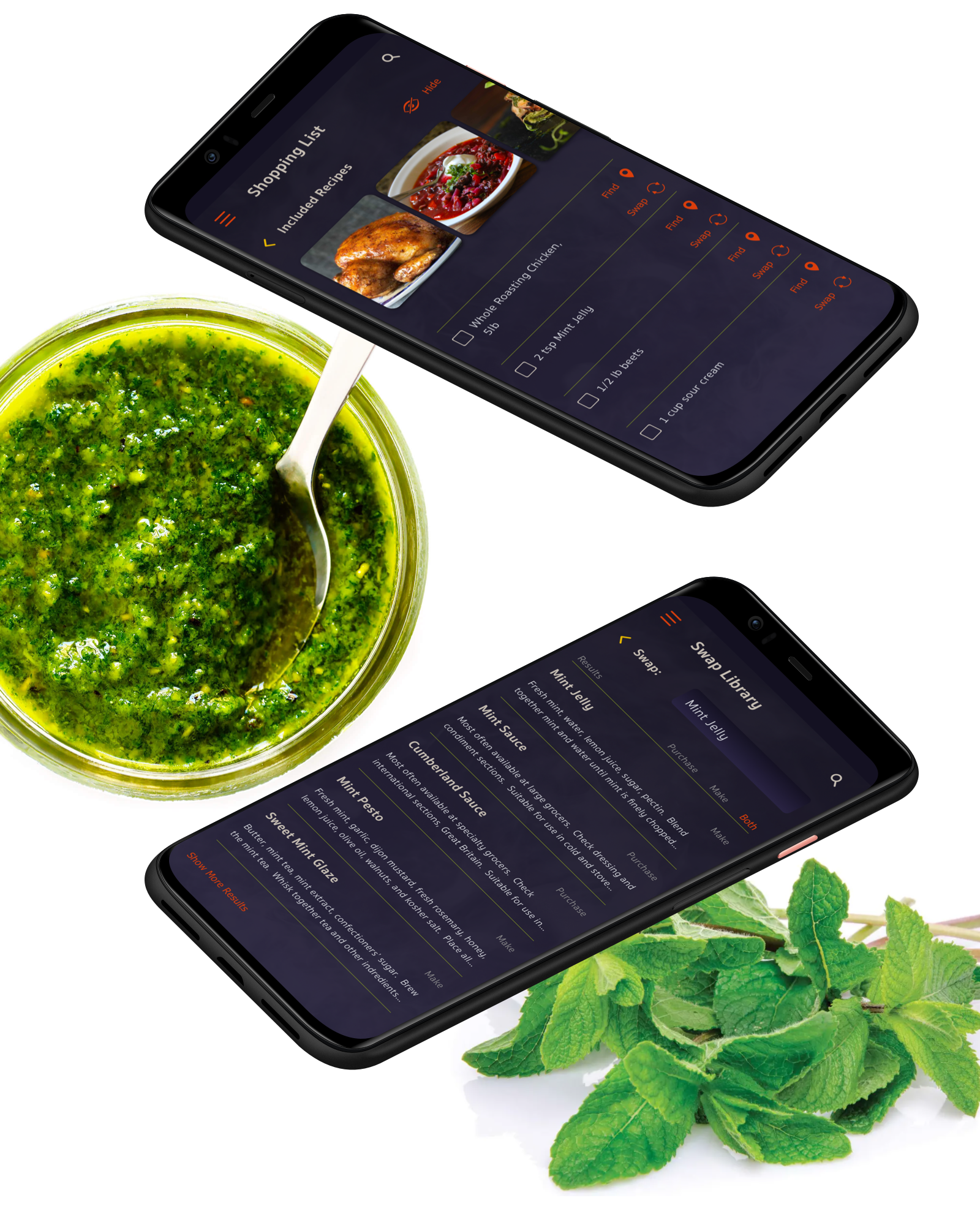 3 phones showing recipes and recipe comparison page