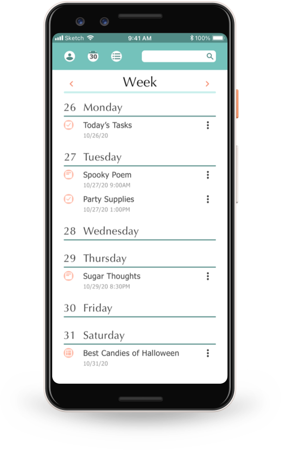 mockup of bullet journal app weekly view screen