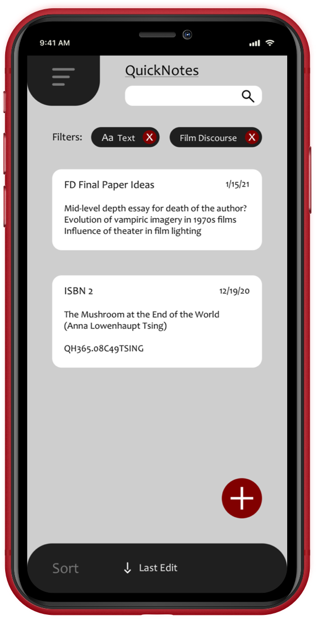 mockup of quicknotes main page with list of filtered notes