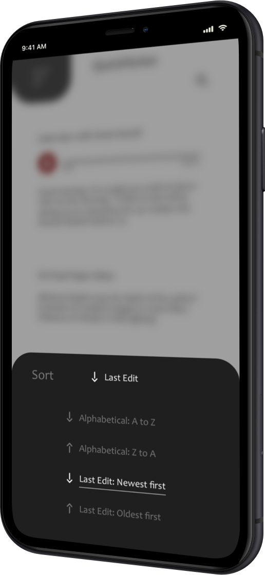 mockup of quicknotes bottom sort menu