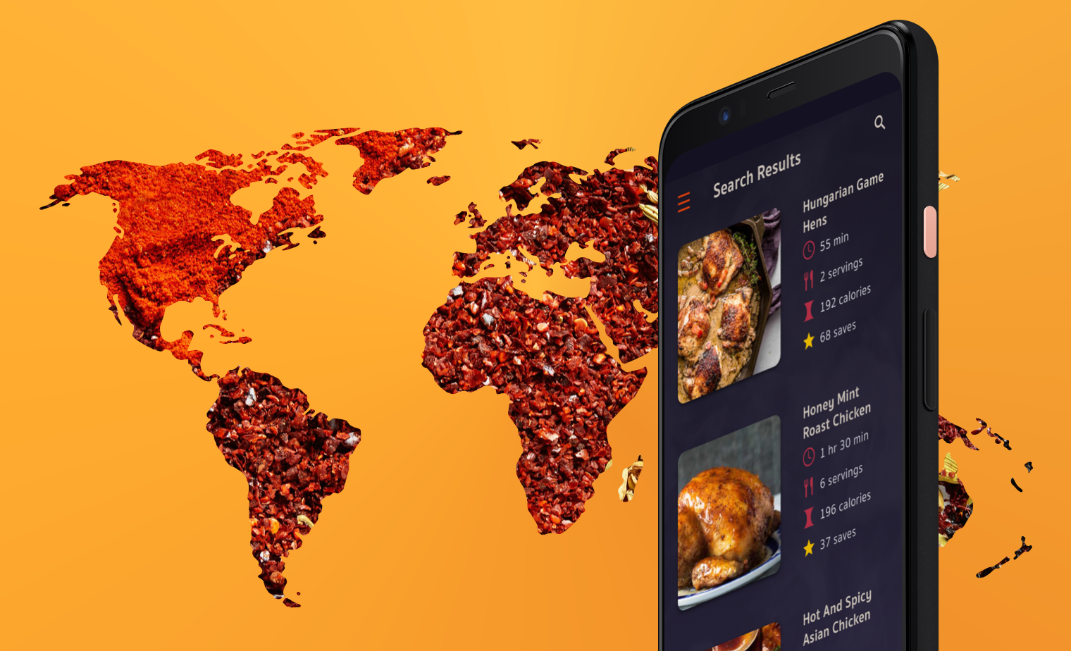 search results for chicken over orange background and world map of food